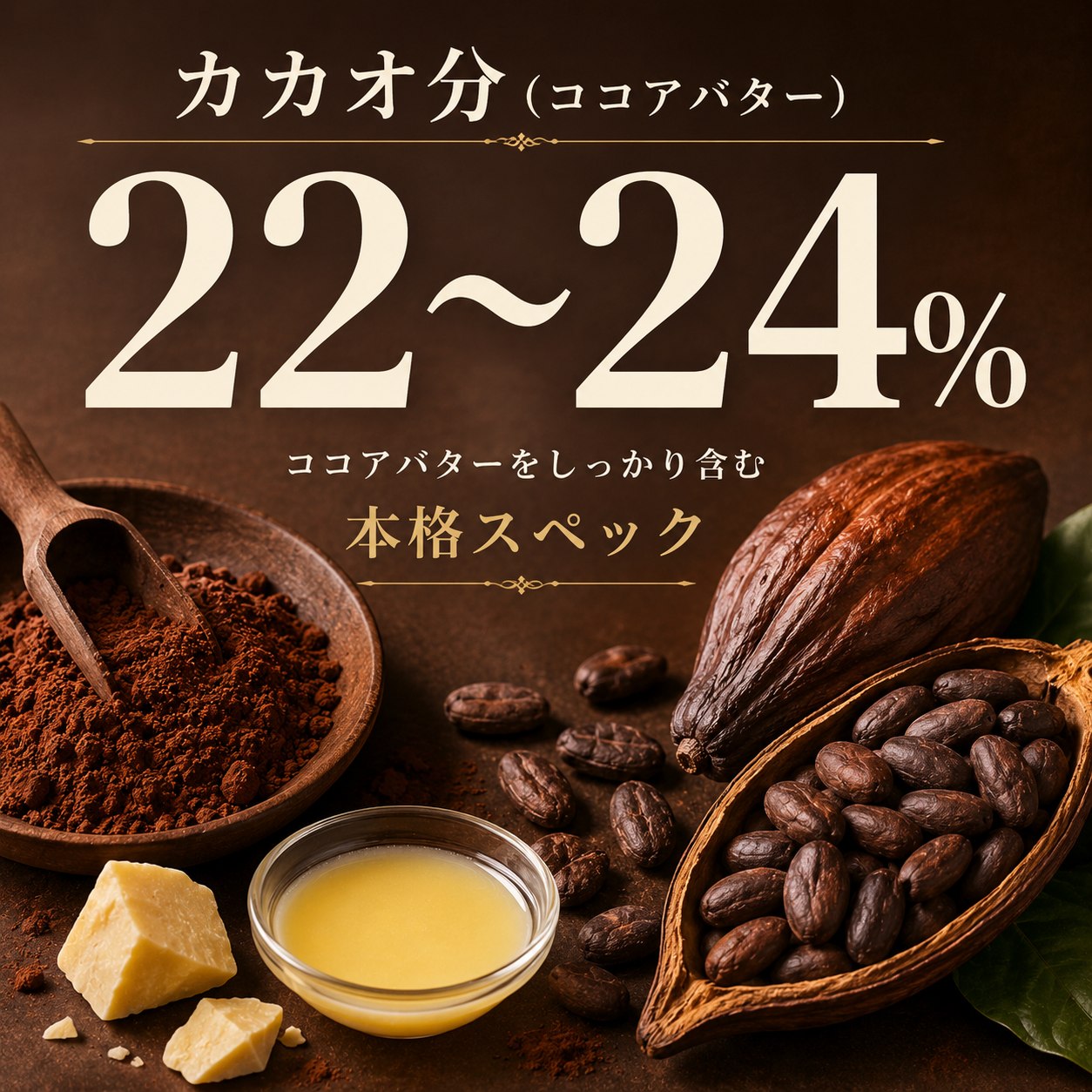 カカオ分（ココアバター）22〜24%の本格スペック