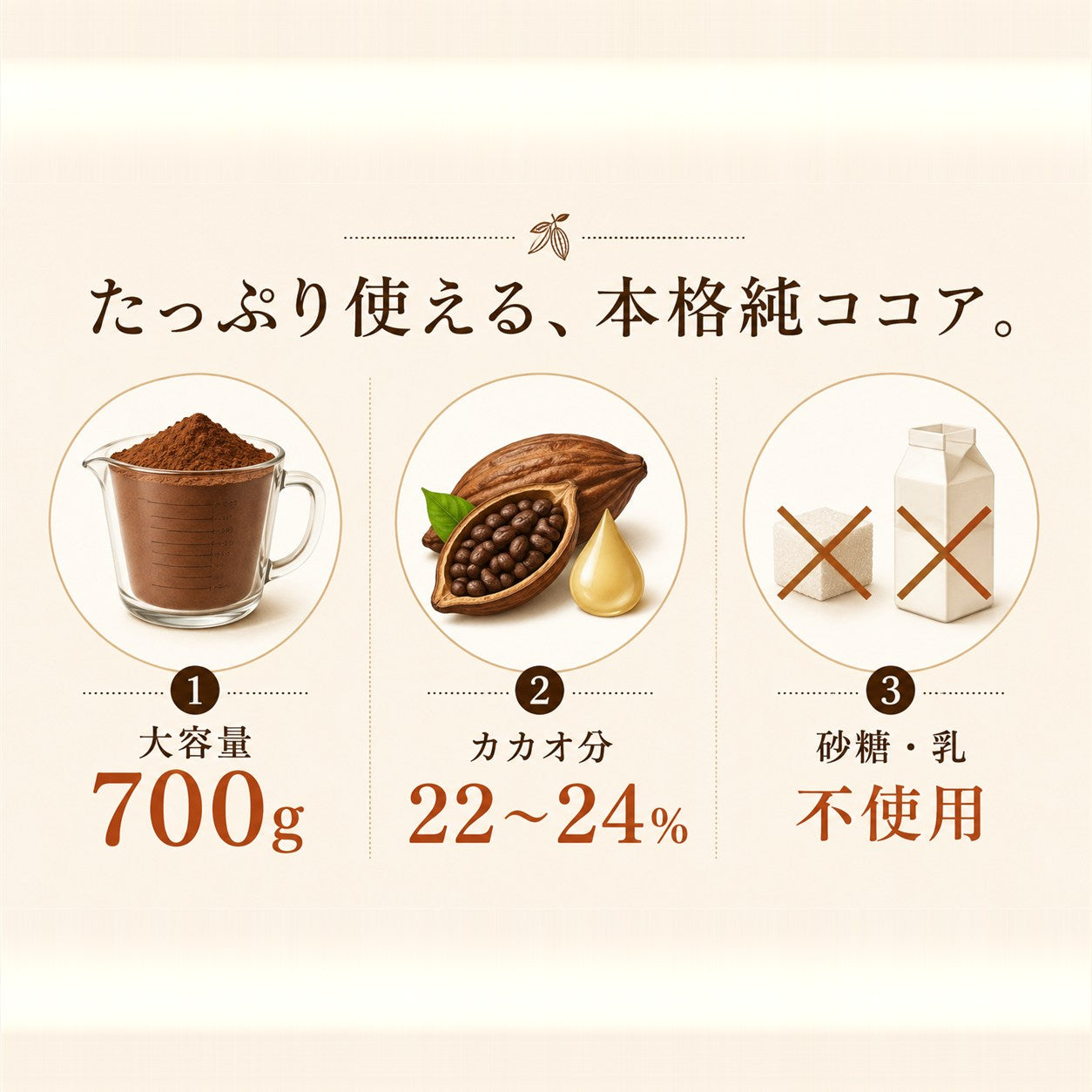 純ココア700gの3大ポイント 大容量700g・カカオ分22〜24%・砂糖乳不使用